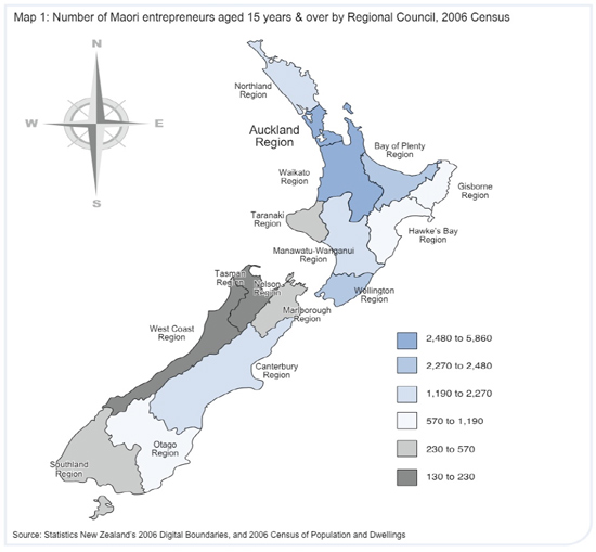 Map of New Zealand showing number of Māori entrepreneurs aged 15 years and over by Regional Council