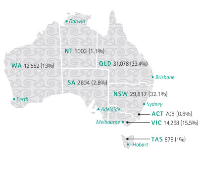 Map of Australian states showing Māori population