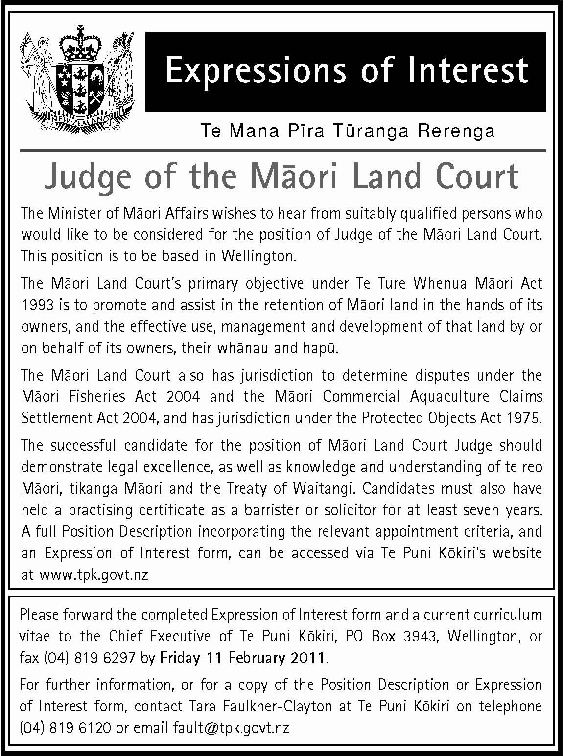 Expressions of Interest for Judge of the Māori Land Court